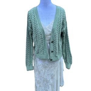 June And Ivy Mint Green Loose Cable Knit Cardigan Sz Xs 3 Button Soft Preppy